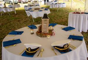 shown are tables and linens that can be rented